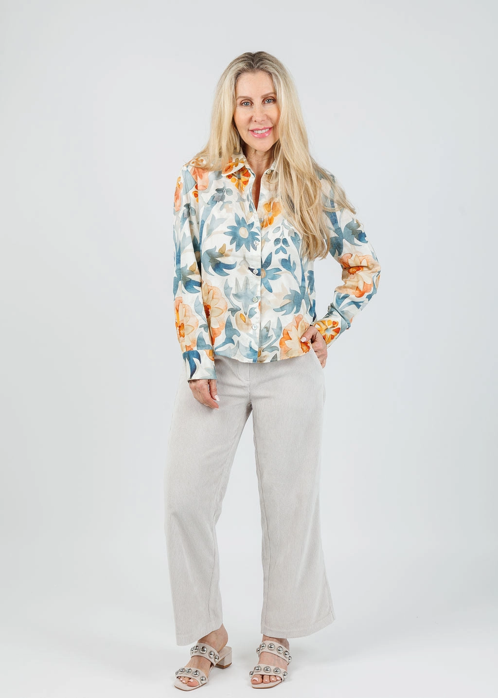 Polo Style Andie Terra Floral Crop Shirt - Natural/Teal