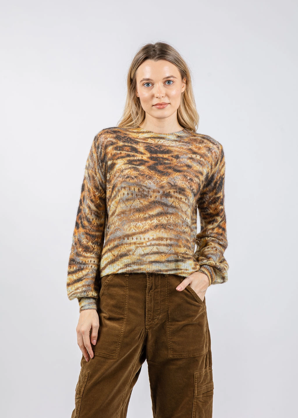 Animal Print Pointelle Crew Sweater - Neutral Combo Chill Comfort Fit Sustainable Yarn