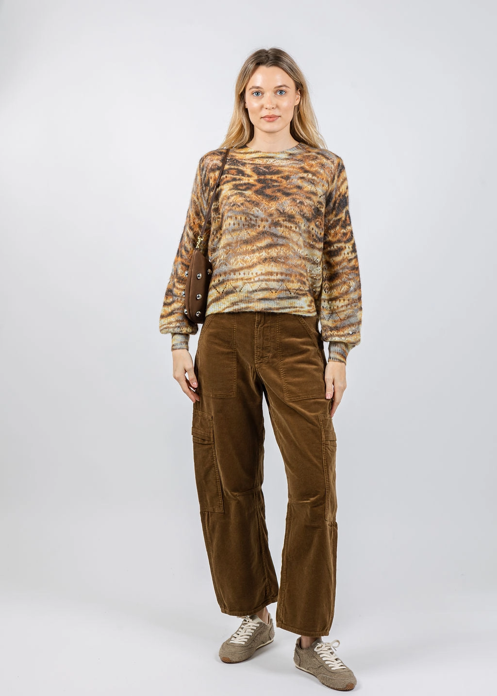 Animal Print Pointelle Crew Sweater - Neutral Combo Cozy Piece