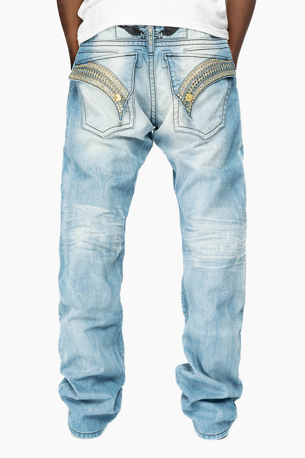 Holiday Vibes Evening Stroll Picnic Style GYPSY STRAIGHT LEG JEANS LIMITED EDITION REPAIRED EMBELLISHED WITH CRYSTALS IN  5D LIGHT WASH