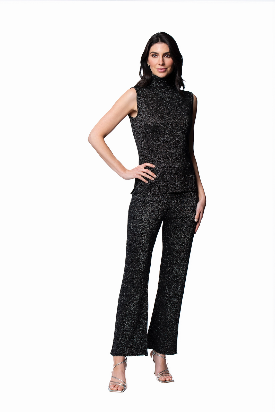 Striped Design Riley Shimmer Sleeveless Turtleneck Top - Black Shimmer