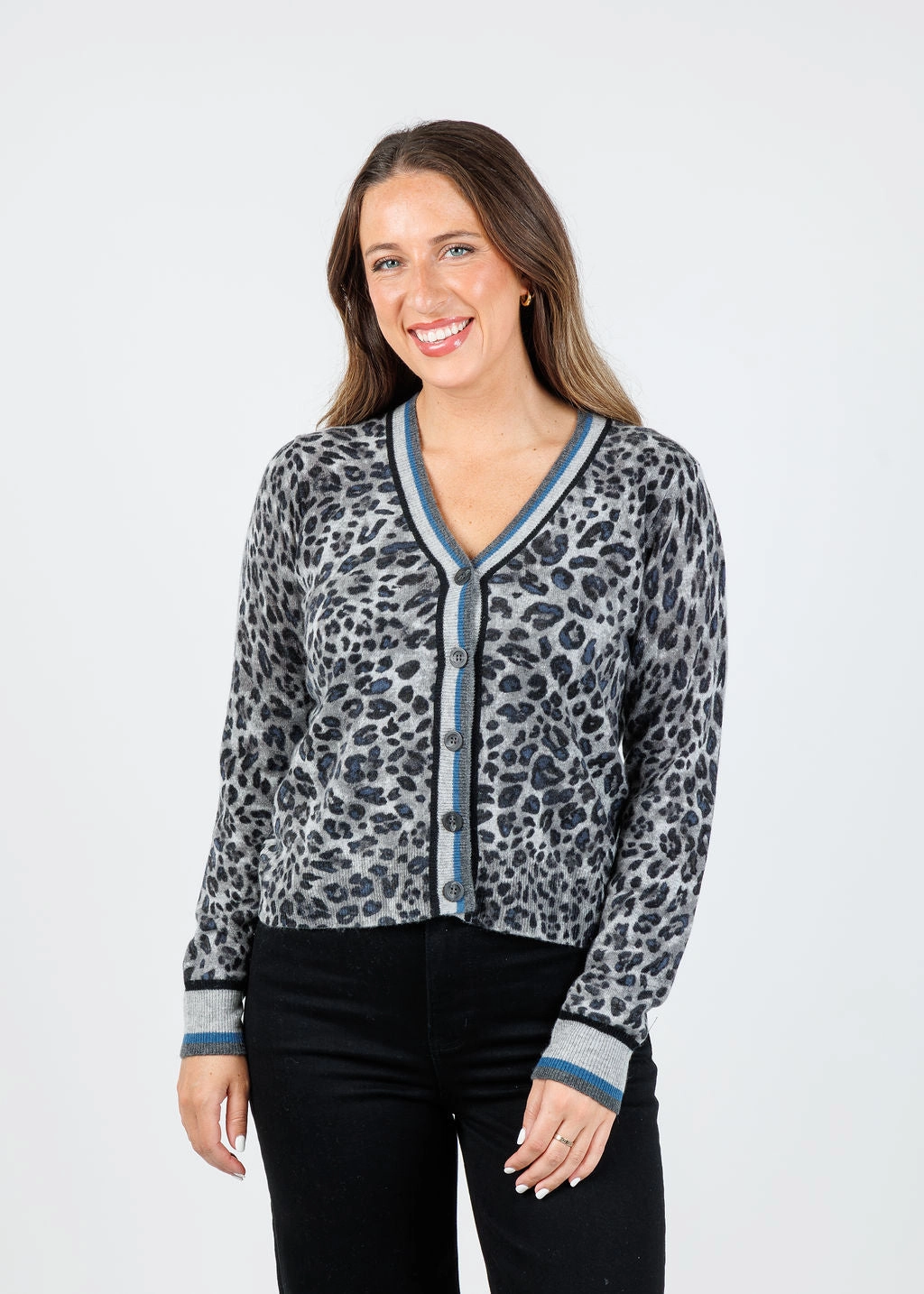 Soft and Stretchy Aria Tipped Leopard Cardigan - Sterling Multi