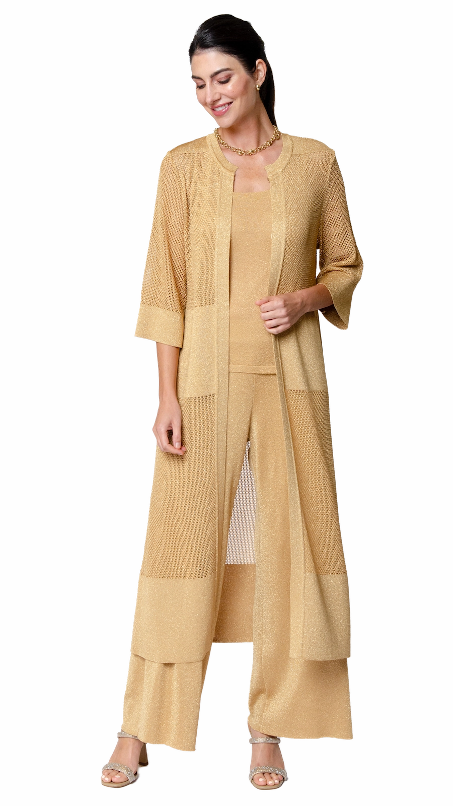 Arianna Shimmery Mesh-Knit Duster Coat - Golden Sands Cool Climate