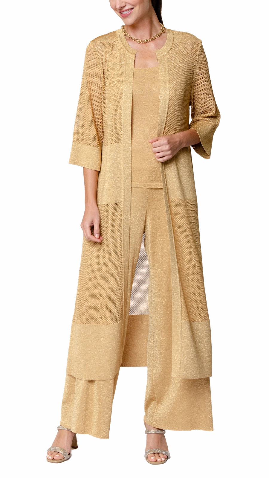 Arianna Shimmery Mesh-Knit Duster Coat - Golden Sands stain resistant coating
