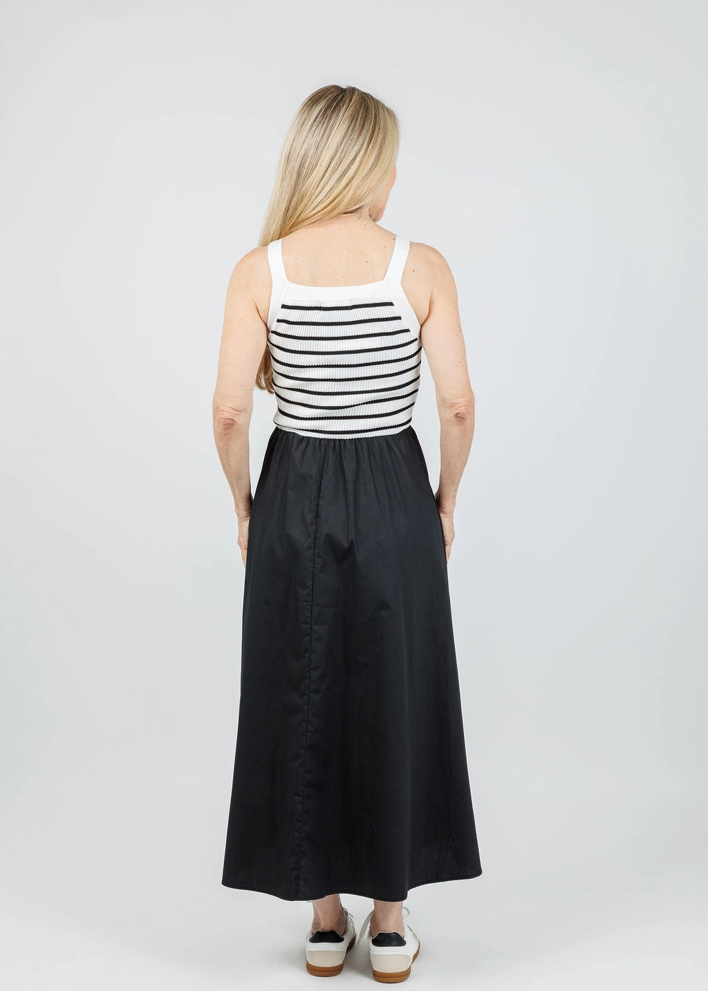 Square Neck Sweater Knit Mix Media Midi Dress - Black Statement-Print Pastel-Tone