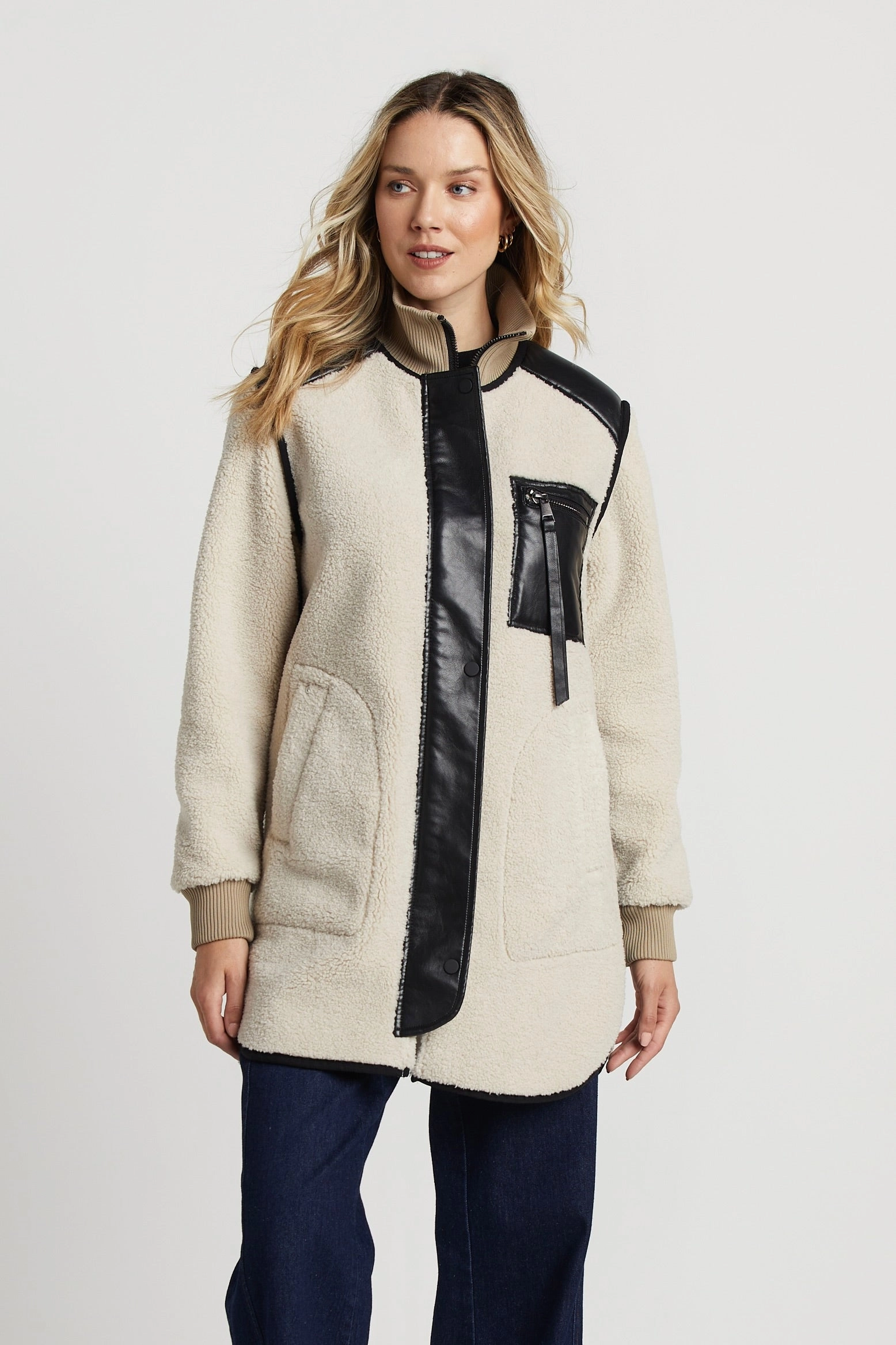 Noise Reduced Fasteners Minimalist Design Audrey Faux Shearling Coat With Vegan Leather Trim & Side Zippers - Cream