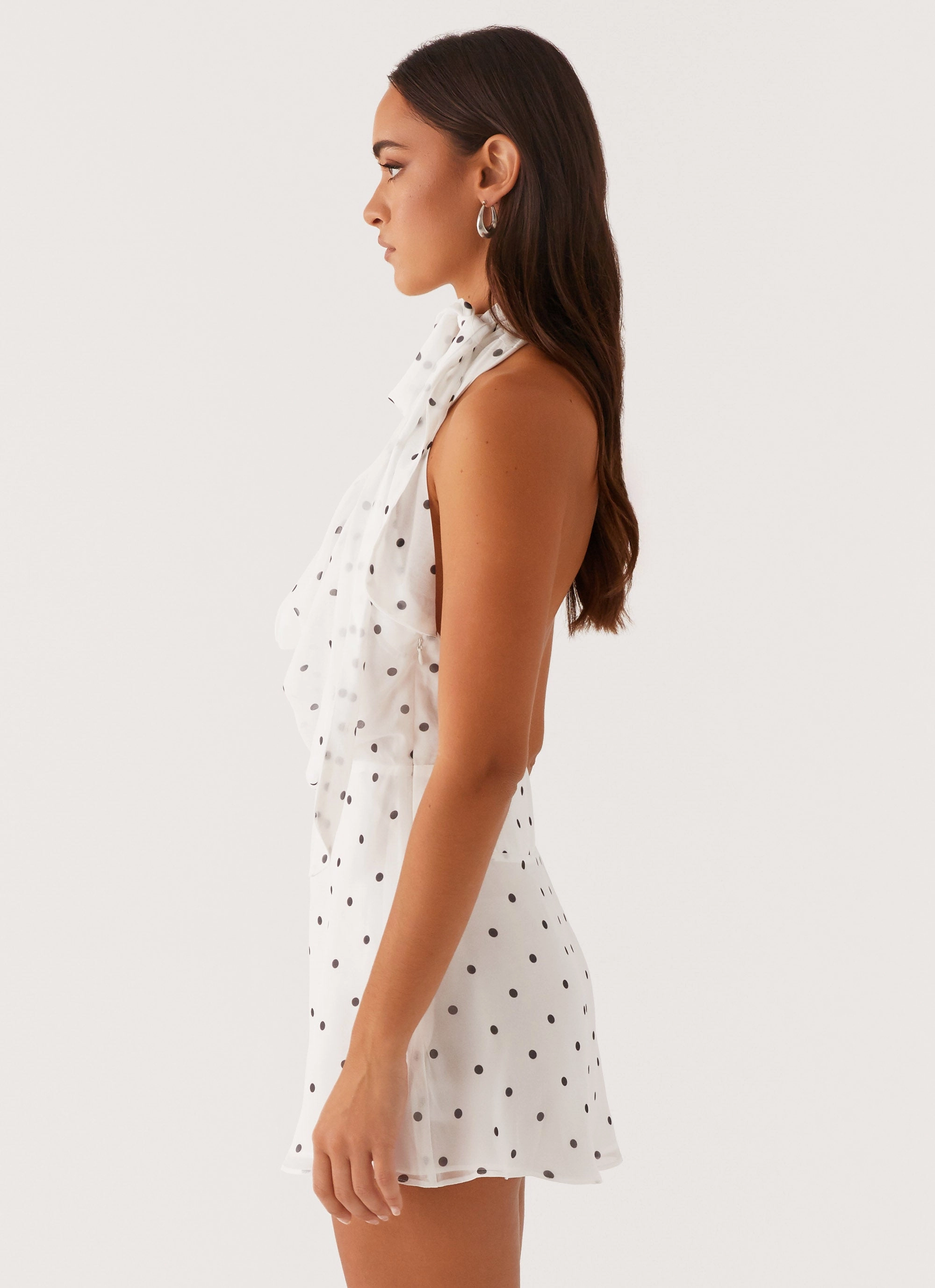 Avalia Backless Scarf Mini Dress - White Polka Dot Smooth Finish Scoop-Neck
