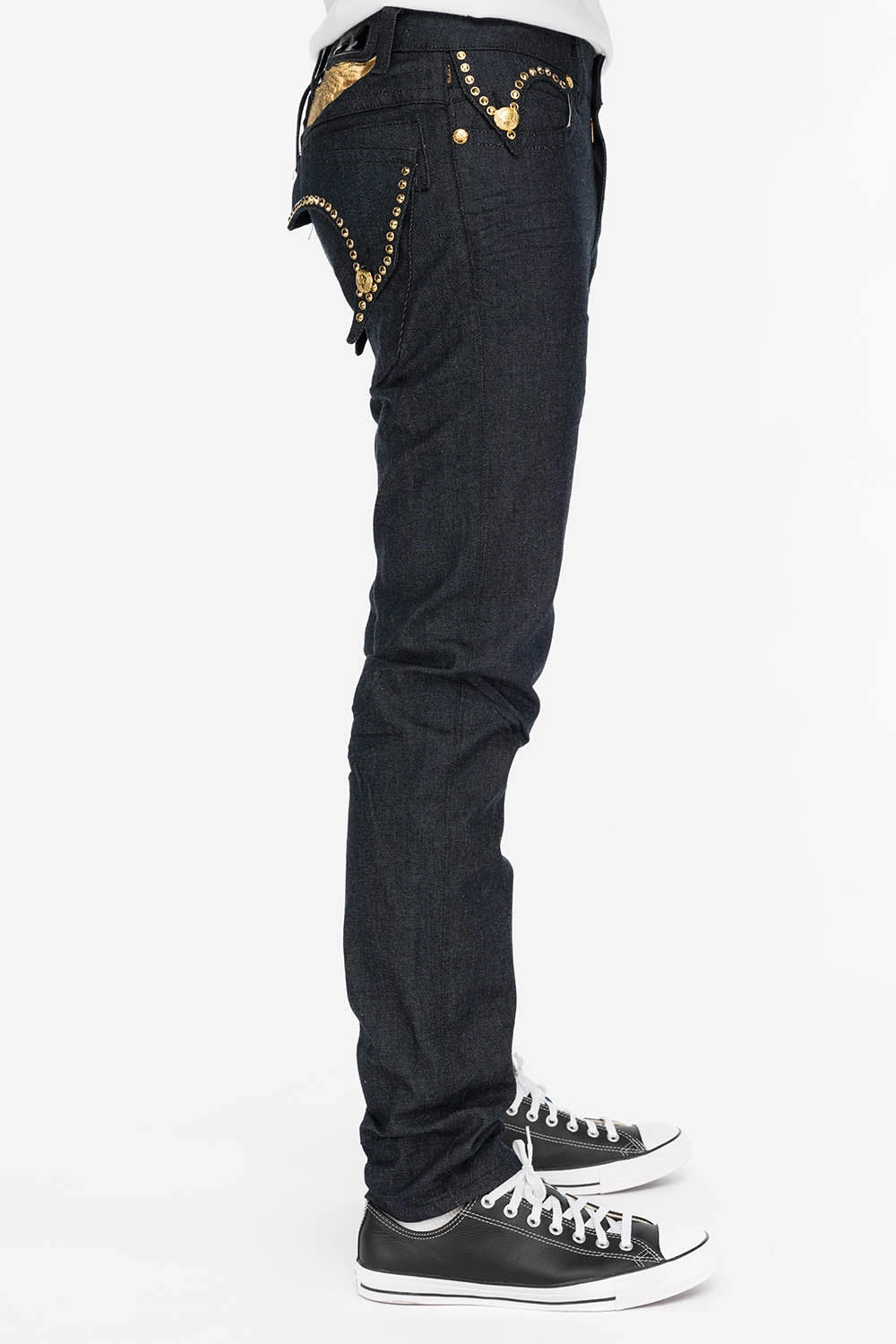 MENS RAW DENIM SLIM FIT KILLER FLAP JEANS WITH GOLD WINGS AND CRYSTALS Neutral Casual Streetwear Fan
