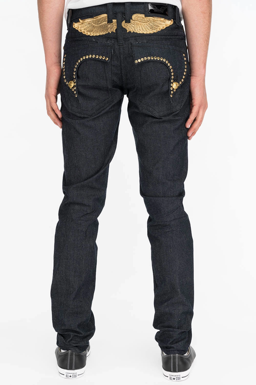 MENS RAW DENIM SLIM FIT KILLER FLAP JEANS WITH GOLD WINGS AND CRYSTALS Go-To Choice Low Maintenance Fabric