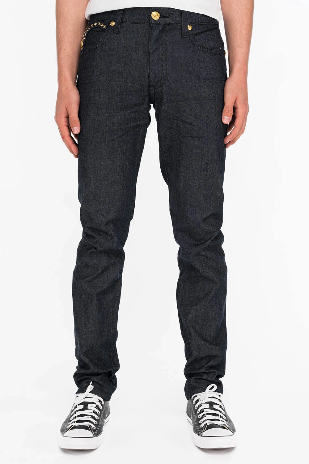 Fresh casual Office Casual MENS RAW DENIM SLIM FIT KILLER FLAP JEANS WITH GOLD WINGS AND CRYSTALS