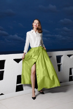 Pleated Construction Ballgown Silk Skirt with Slit - Green
