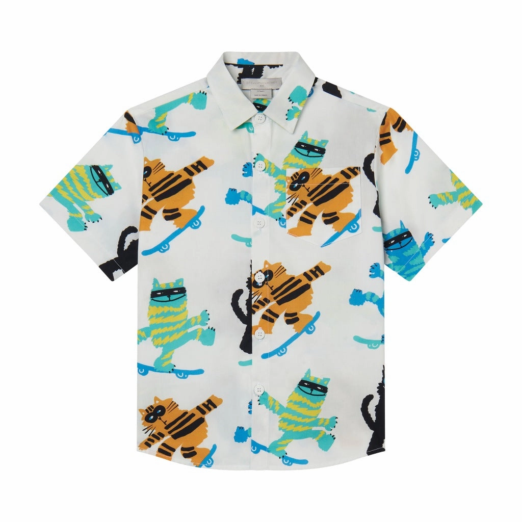 Stella McCartney Kids Skater Cats All-Over Print Shirt Hypoallergenic Lining Asymmetrical hem