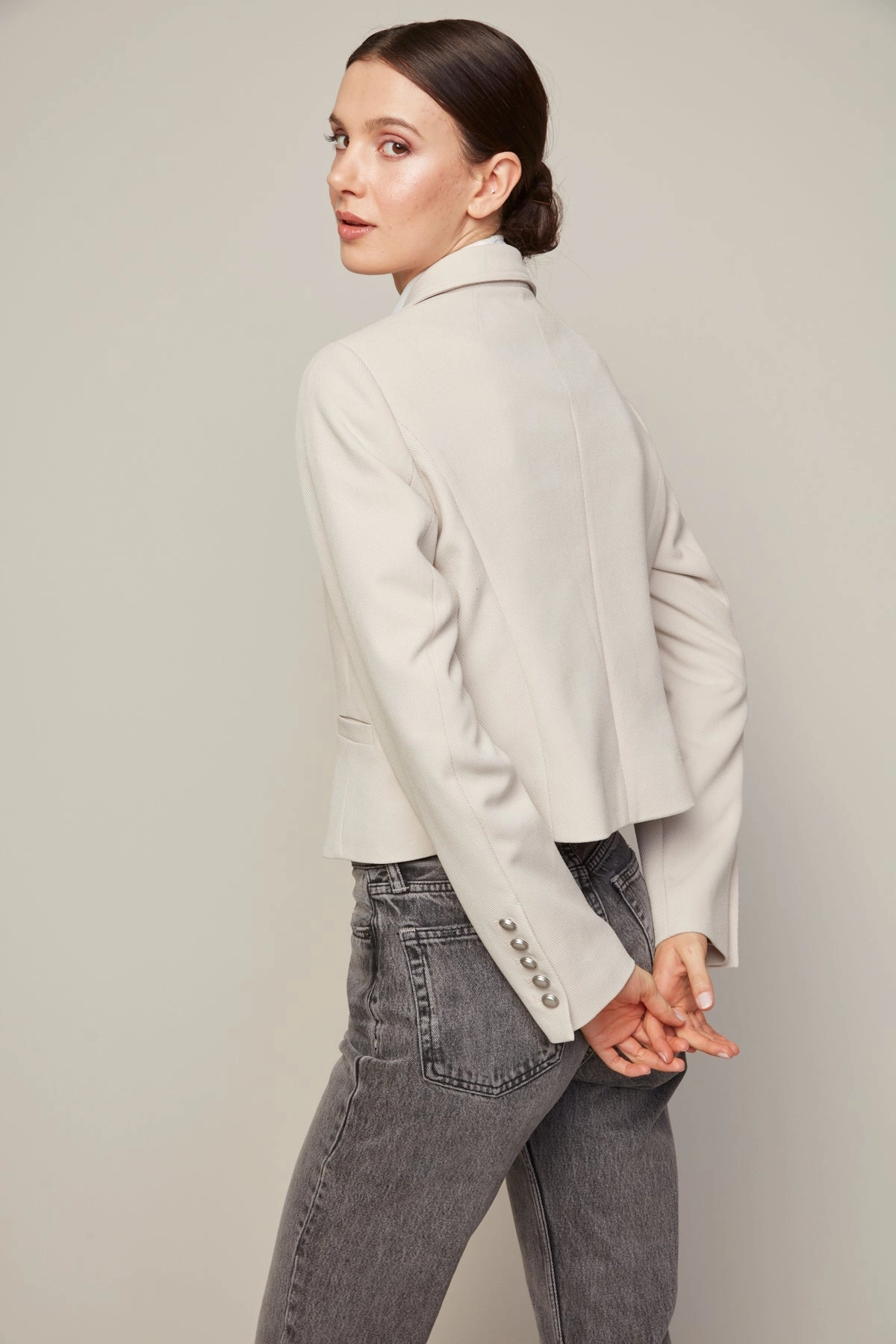 Two Tone Design Bonded seams Bardot Single Breasted Short Boxy Blazer - Birch