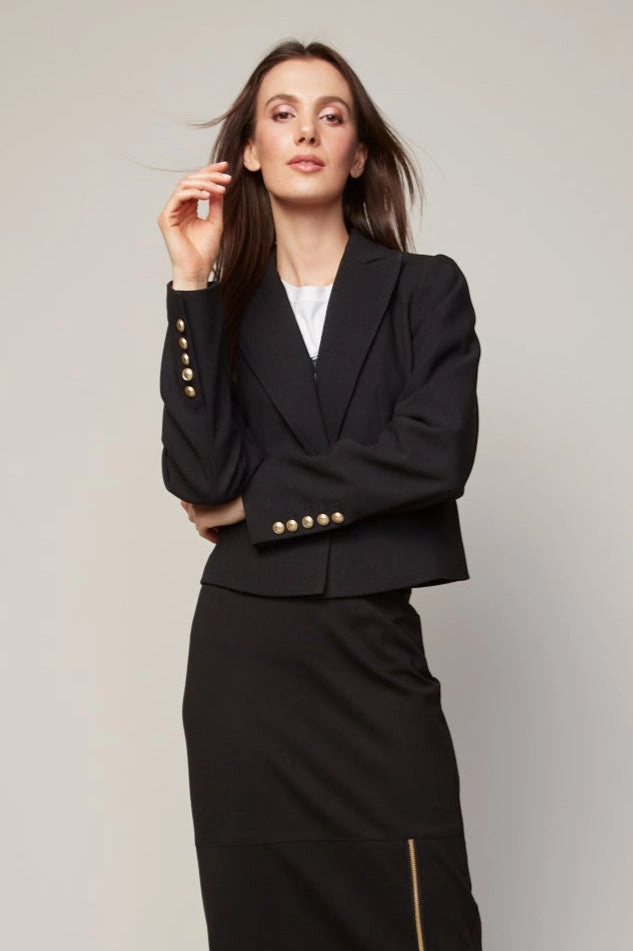 Stretchable Waistband Bardot Single Breasted Short Boxy Blazer - Black