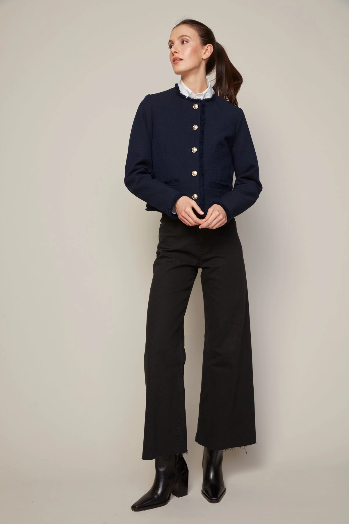 Beatrice Short Blazer With Fringe Details - Navy DoubleLayeredCuffs