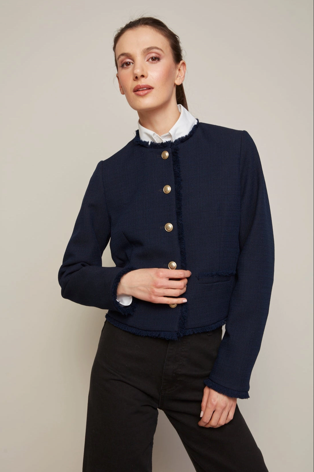 Temperature Regulating Lining Expandable Side Gussets Beatrice Short Blazer With Fringe Details - Navy