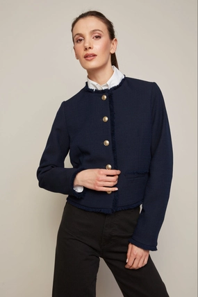 Temperature Regulating Lining Expandable Side Gussets Beatrice Short Blazer With Fringe Details - Navy
