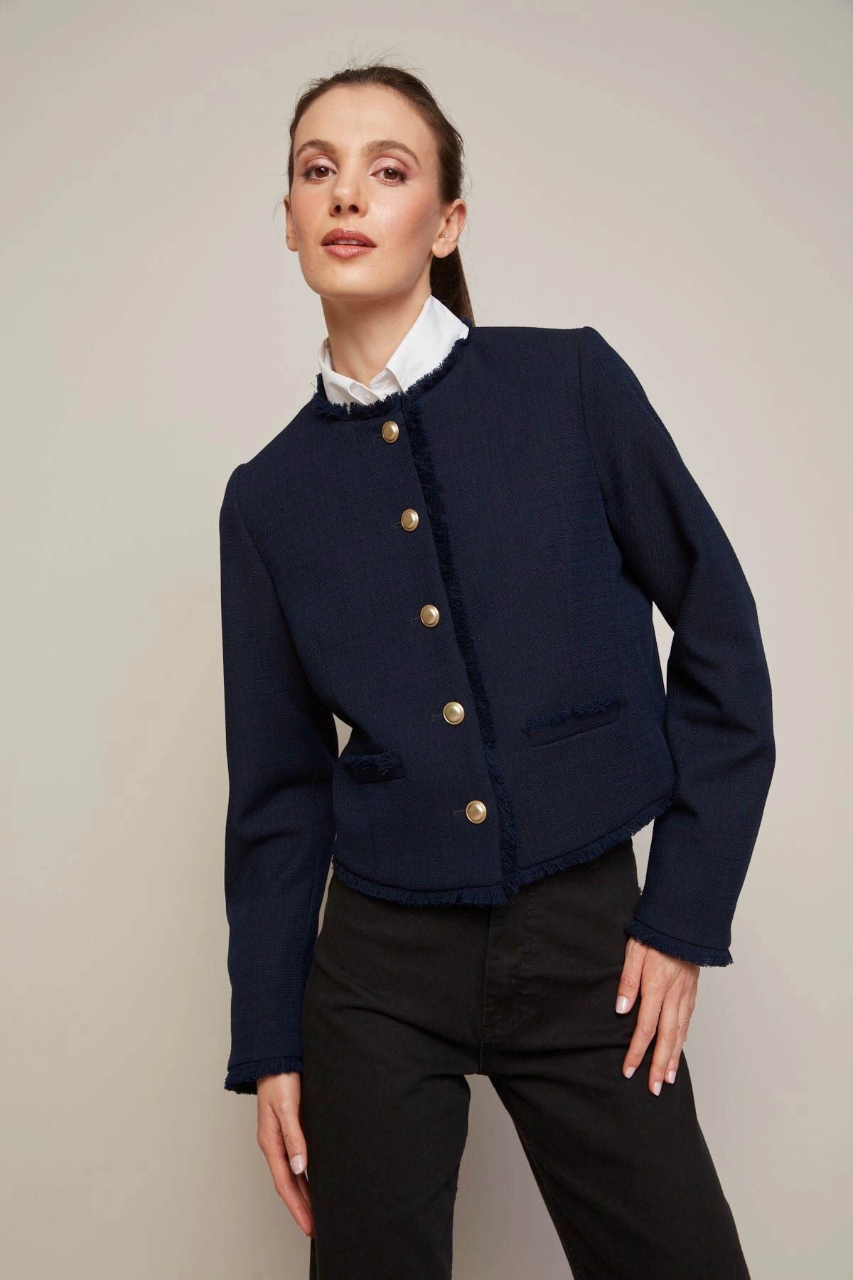 Teflon coating SeamlessBonding Beatrice Short Blazer With Fringe Details - Navy