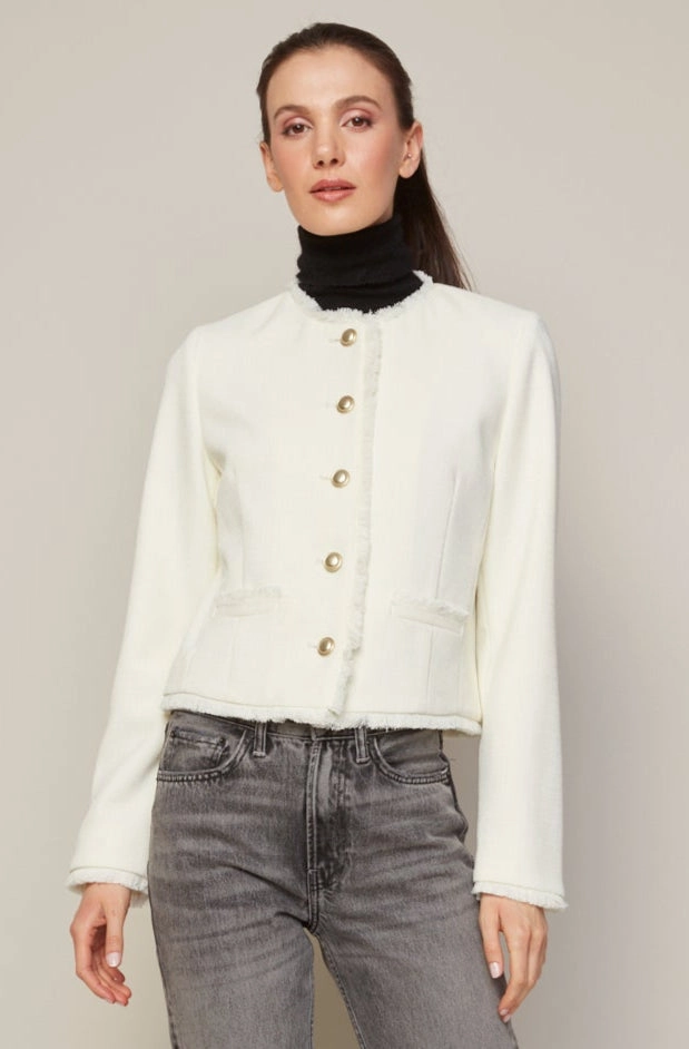 Practical Everyday Fit Cold Outfit Beatrice Short Blazer With Fringe Details - Winter White