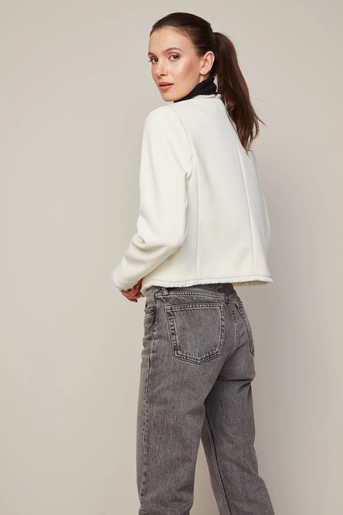 Evening Out Modern Utility Beatrice Short Blazer With Fringe Details - Winter White