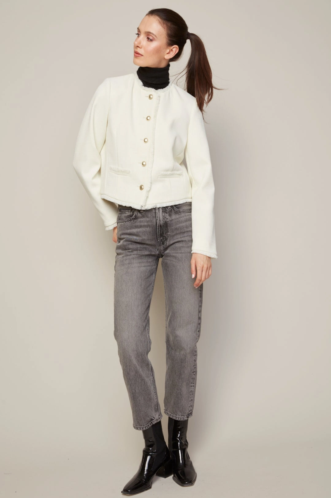 Beatrice Short Blazer With Fringe Details - Winter White Cozy Hood Detail Adjustable Hem