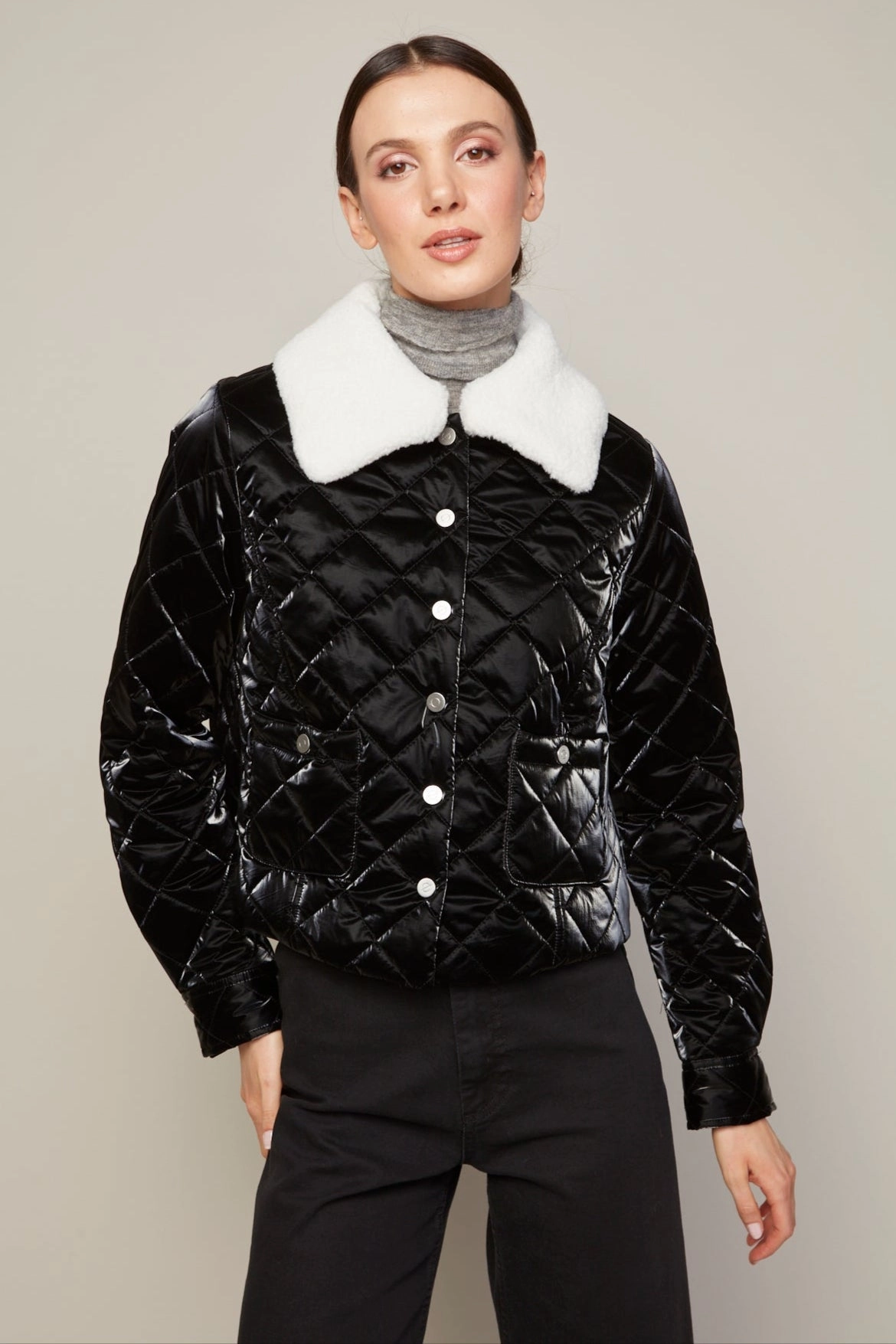 Becca Short Quilted Jacket With Removable Collar - Black Metallic City Ready Modern City Outfit