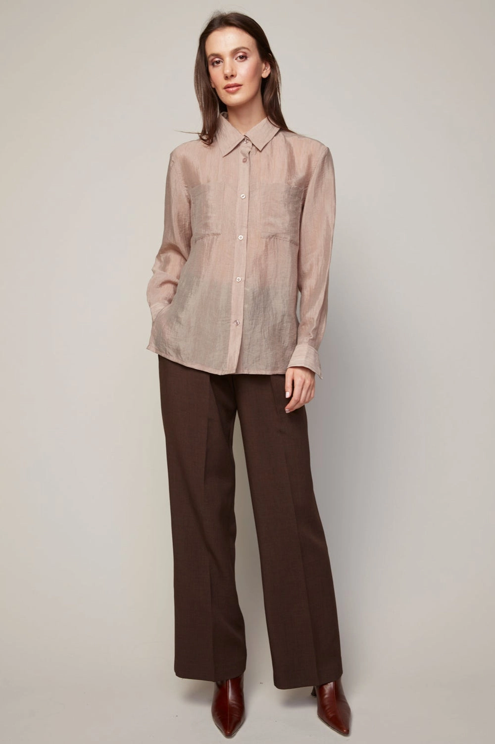 Bijou Semi-transparent Buttoned Blouse With Patch Pocket - Taupe Sporty Look