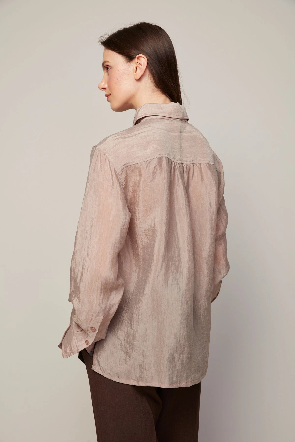 Seamless Shoulder Bijou Semi-transparent Buttoned Blouse With Patch Pocket - Taupe