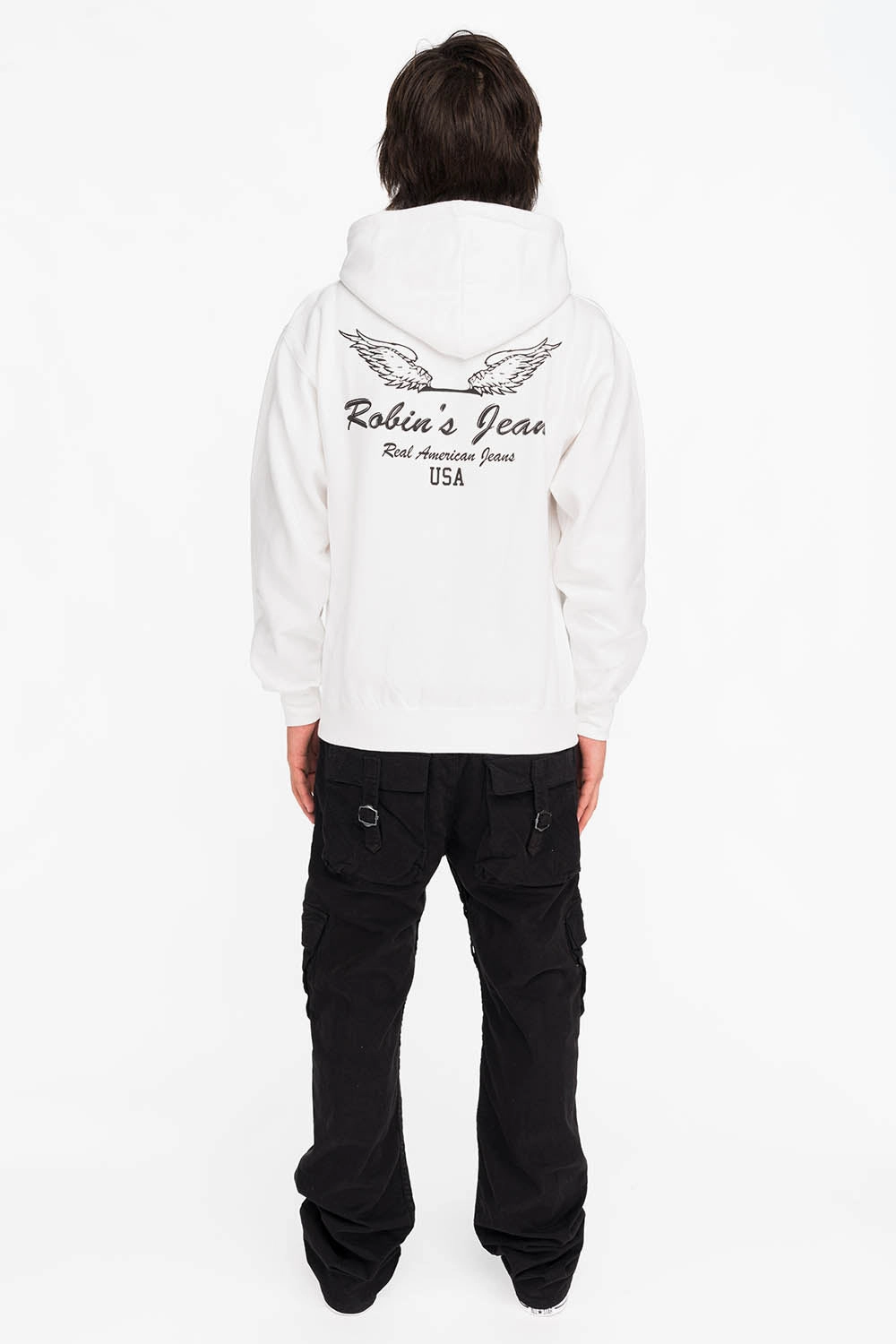 BLACK WINGS PULLOVER HOODIE IN WHITE Cozy Collection