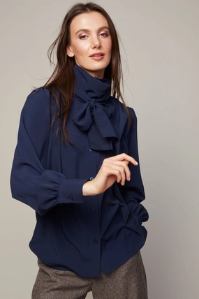 Personalized Touch Non Restrictive Armhole Bliss Semi Transparent Chiffon Blouse With Removable Lavalli??re - Navy