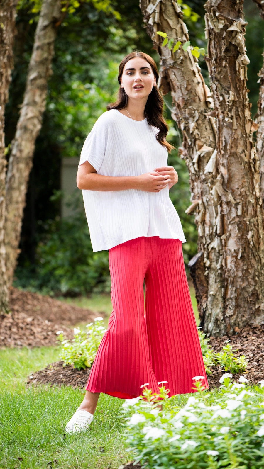 Erika Loose-Fitting Wide Rib Knit Drop Shoulder Top; White Double Stitched Hems Stretch Material