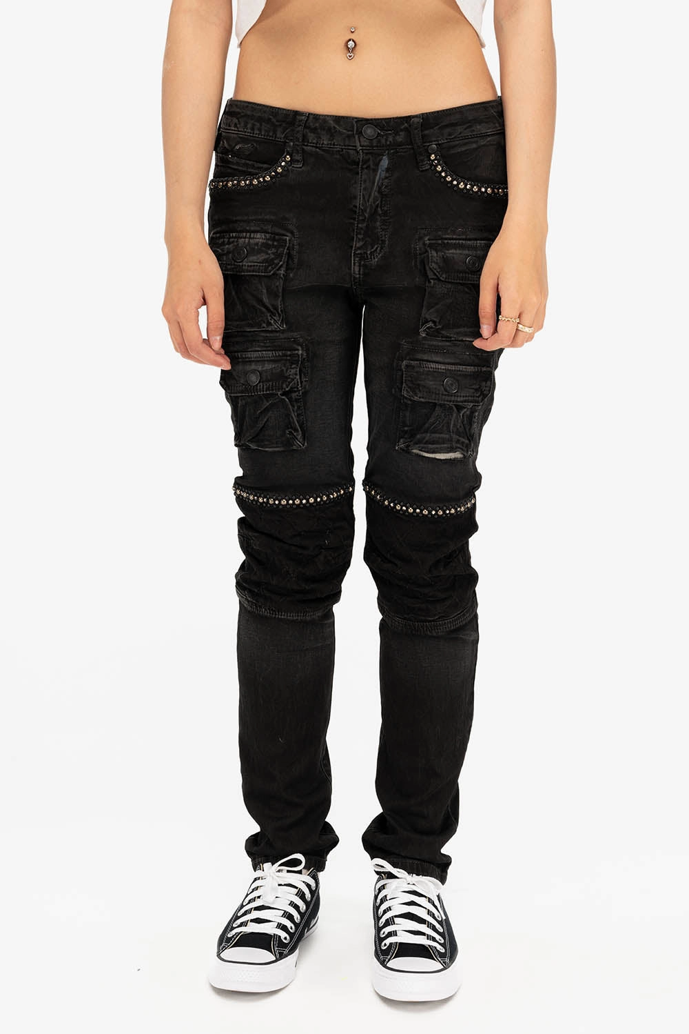 Street Smart ROBIN'S WOMEN'S SKINNY UTILITARIAN JEANS IN LA BLACK WITH STUDS AND CRYSTALS