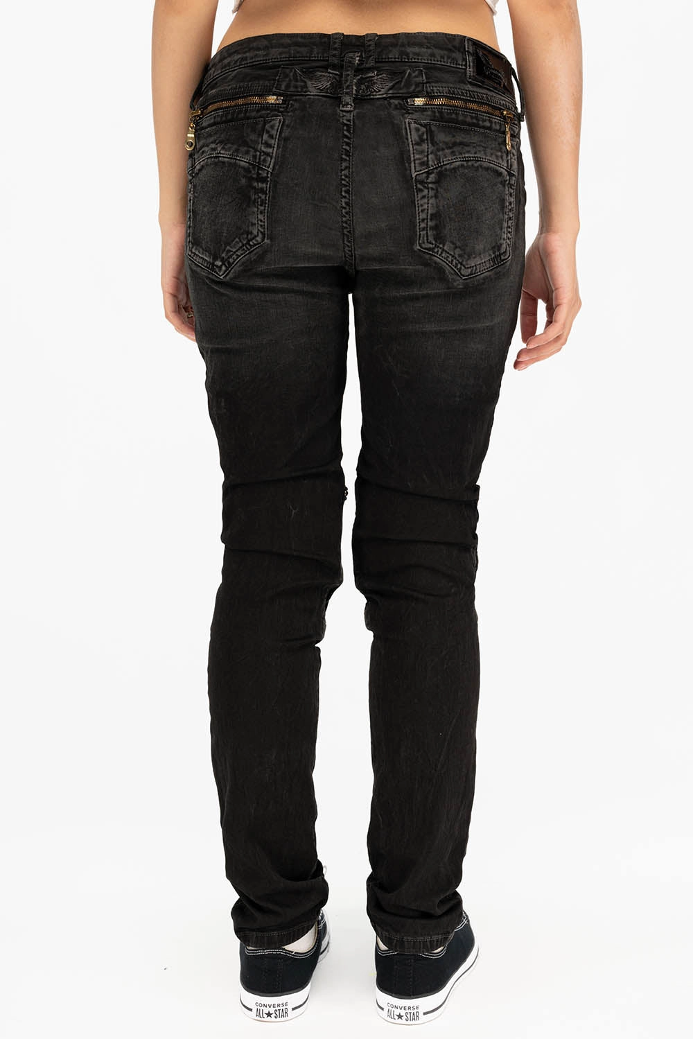 ROBIN'S WOMEN'S SKINNY UTILITARIAN JEANS IN LA BLACK WITH STUDS AND CRYSTALS Recycled Fiber Content Chic Design