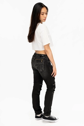 Basic Outfit Everyday Vibrant ROBIN'S WOMEN'S SKINNY UTILITARIAN JEANS IN LA BLACK WITH STUDS AND CRYSTALS