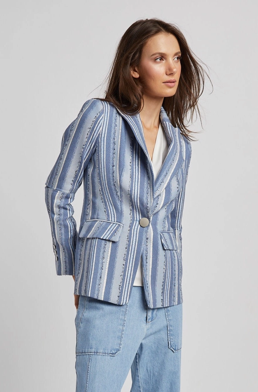 Modern Minimal Hunter Single Breasted Jacquard Blazer - Blue Stripes