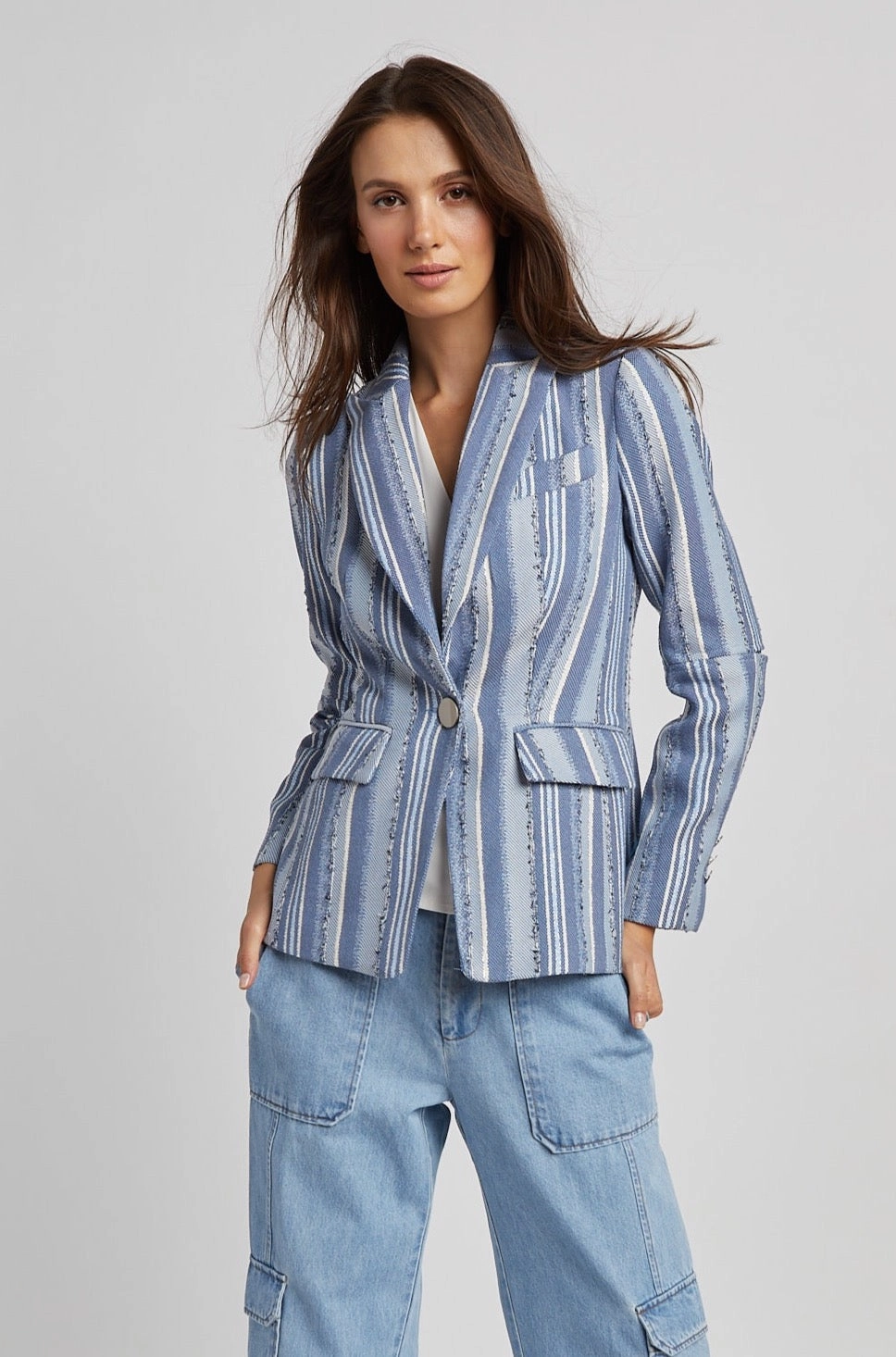 Quick Release Buckle Hunter Single Breasted Jacquard Blazer - Blue Stripes