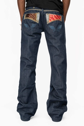 Affordable Unisex Wear BOOT CUT JEAN WITH PATENT LEATHER POCKET  EMBELLISHED WITH CRYSTALS AND STUDS IN RINSE WASH