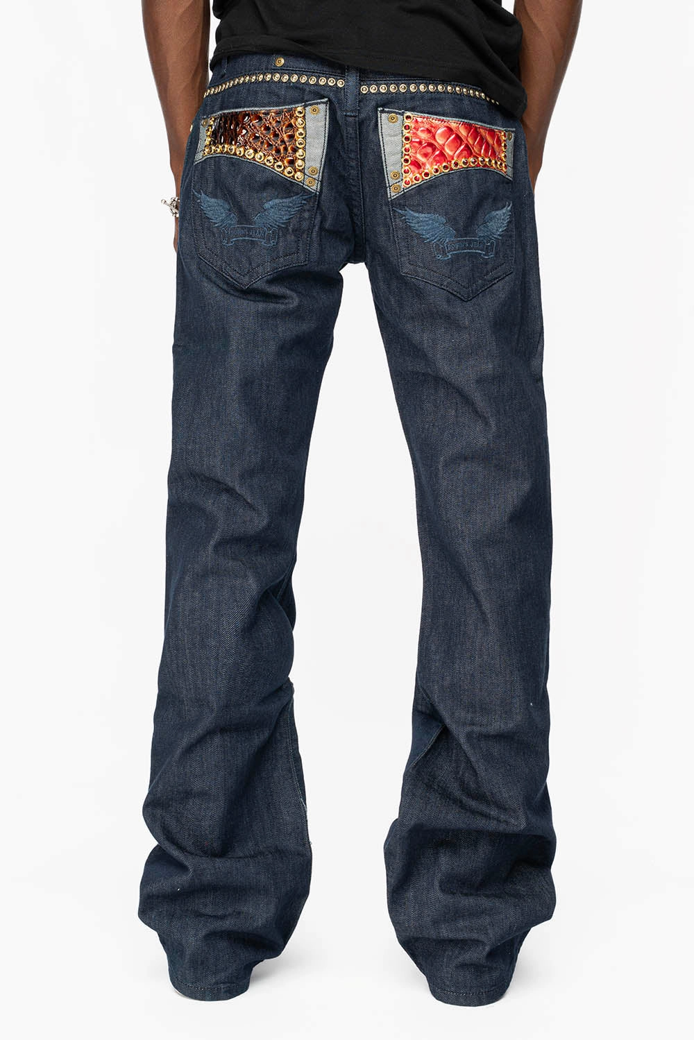 Affordable Unisex Wear BOOT CUT JEAN WITH PATENT LEATHER POCKET  EMBELLISHED WITH CRYSTALS AND STUDS IN RINSE WASH