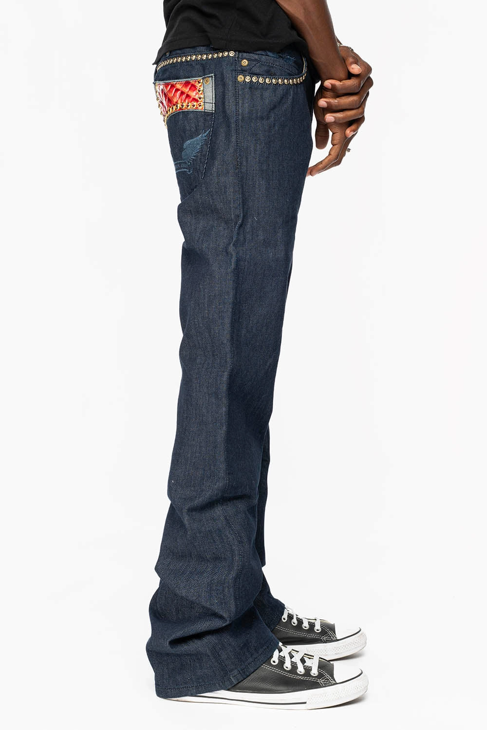 BOOT CUT JEAN WITH PATENT LEATHER POCKET  EMBELLISHED WITH CRYSTALS AND STUDS IN RINSE WASH Zero Waste Pattern Design Outdoor Enthusiast Premium Home Comfort