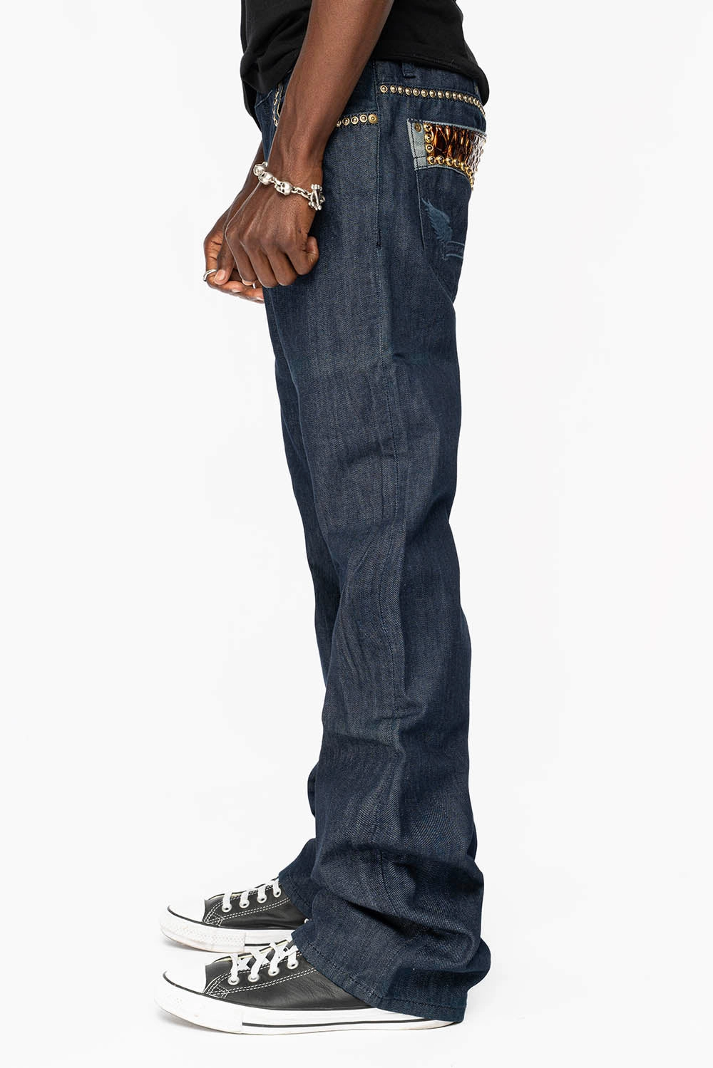 BOOT CUT JEAN WITH PATENT LEATHER POCKET  EMBELLISHED WITH CRYSTALS AND STUDS IN RINSE WASH Adjustable Belt Loops