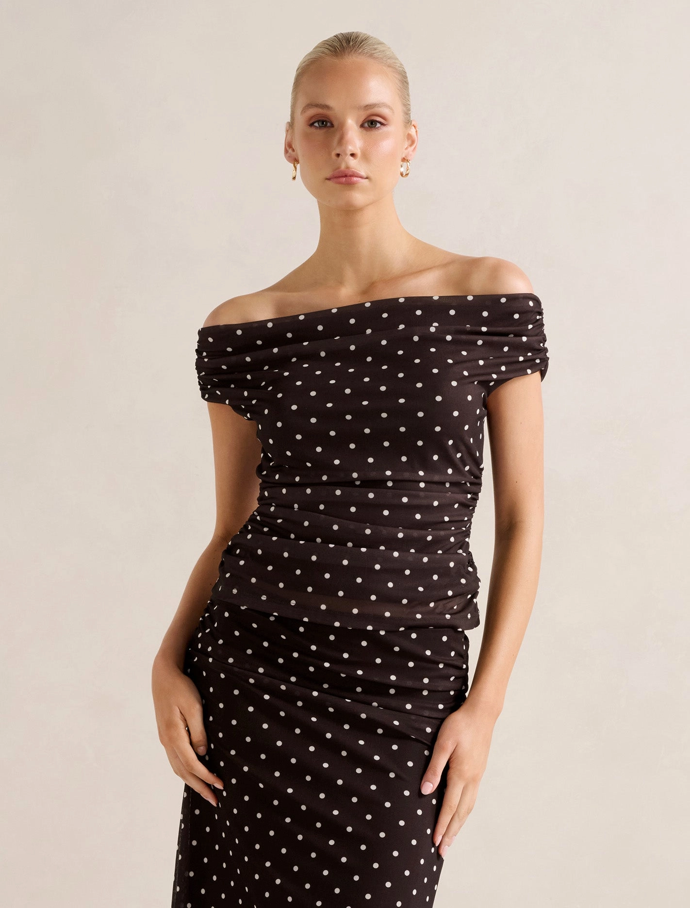 Soft Brushed Finish Reinforced Seams Mimi Off Shoulder Mesh Top