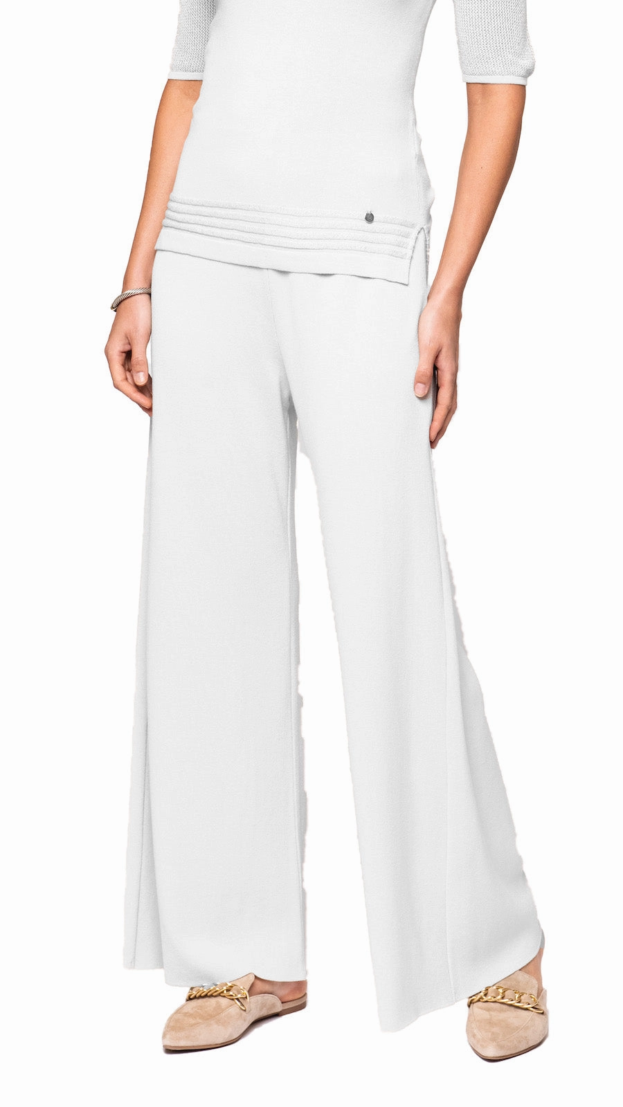 Briana Wide-Leg Milano-Knit Pants - White Flat Lock Stitching