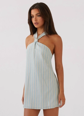 Smart and Sleek Keira Linen Mini Dress - Blue Choc Stripe