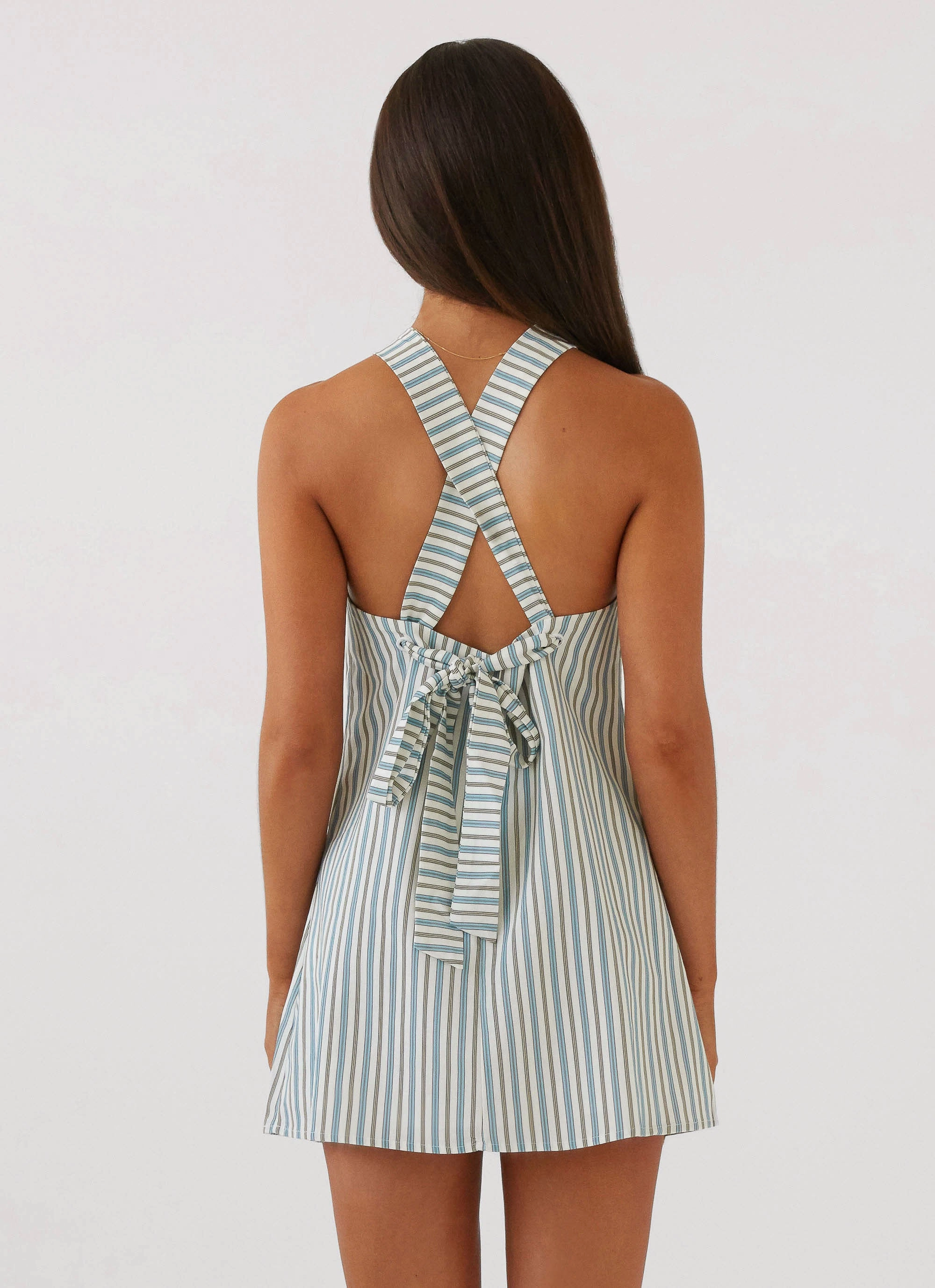 Versatile Comfort Keira Linen Mini Dress - Blue Choc Stripe