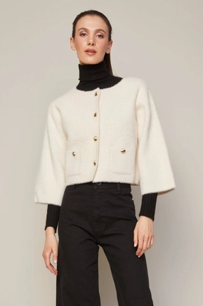 Bronte Buttoned Front Cardigan With Patch Pockets - Cream Double Layered Collars Fashion Ready