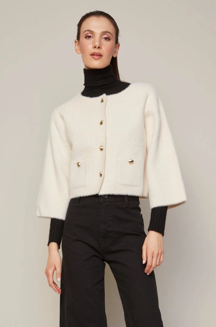 Bronte Buttoned Front Cardigan With Patch Pockets - Cream Double Layered Collars Fashion Ready