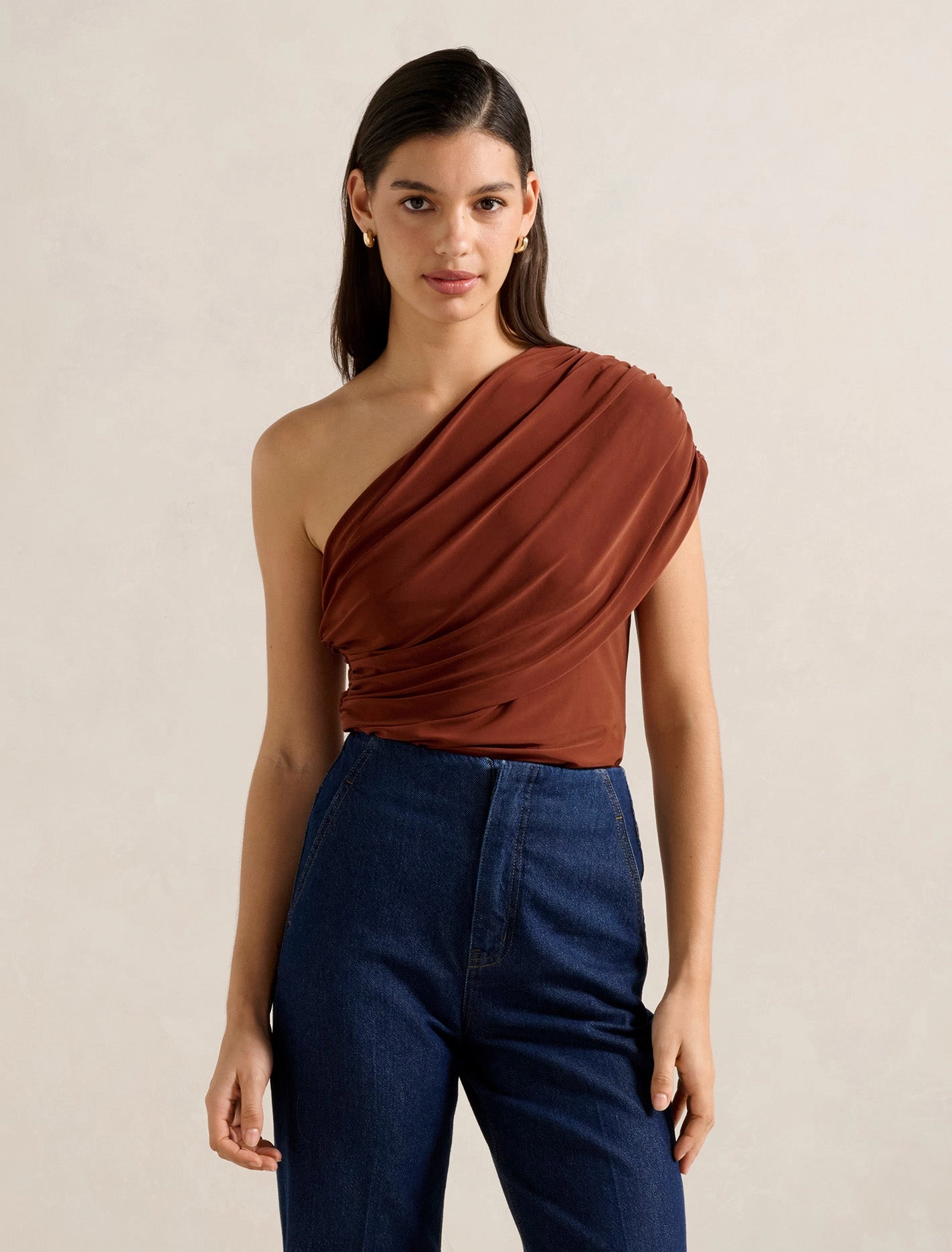 Bronte Draped One Shoulder Top Everyday Comfort Double Stitched Hem