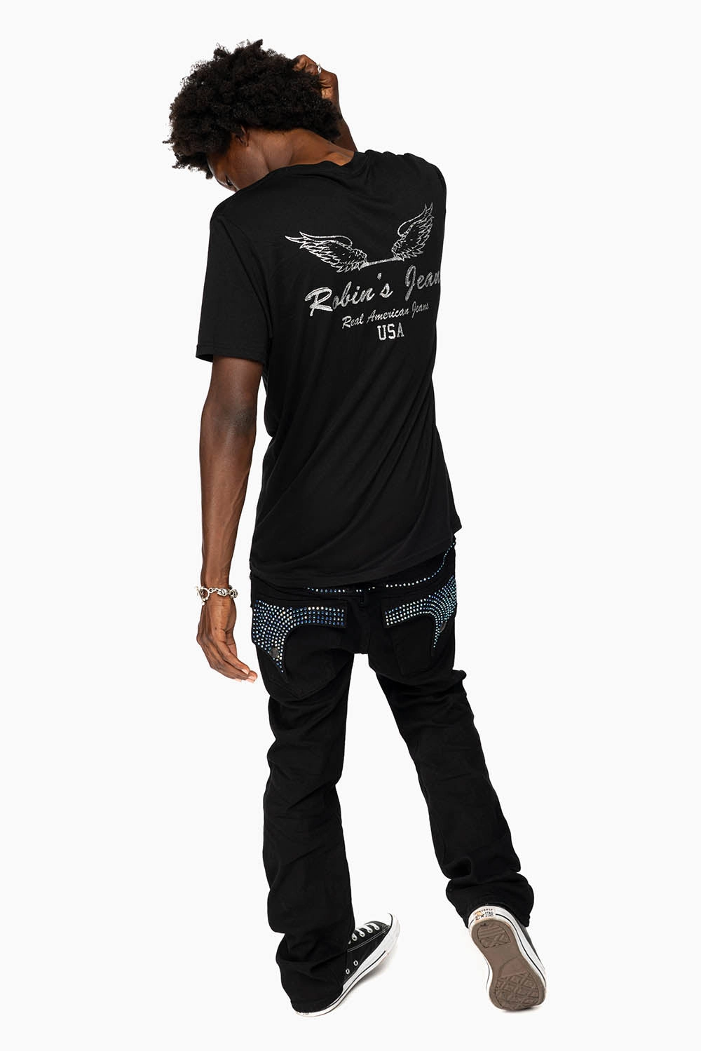 Responsible Denim Production KILLER FLAP MENS STRAIGHT LEG JEAN IN BLACK FULLY EMBELLISHED WITH SAPPHIRE CRYSTALS