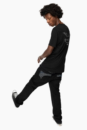 Style Match KILLER FLAP MENS STRAIGHT LEG JEAN IN BLACK FULLY EMBELLISHED WITH SAPPHIRE CRYSTALS