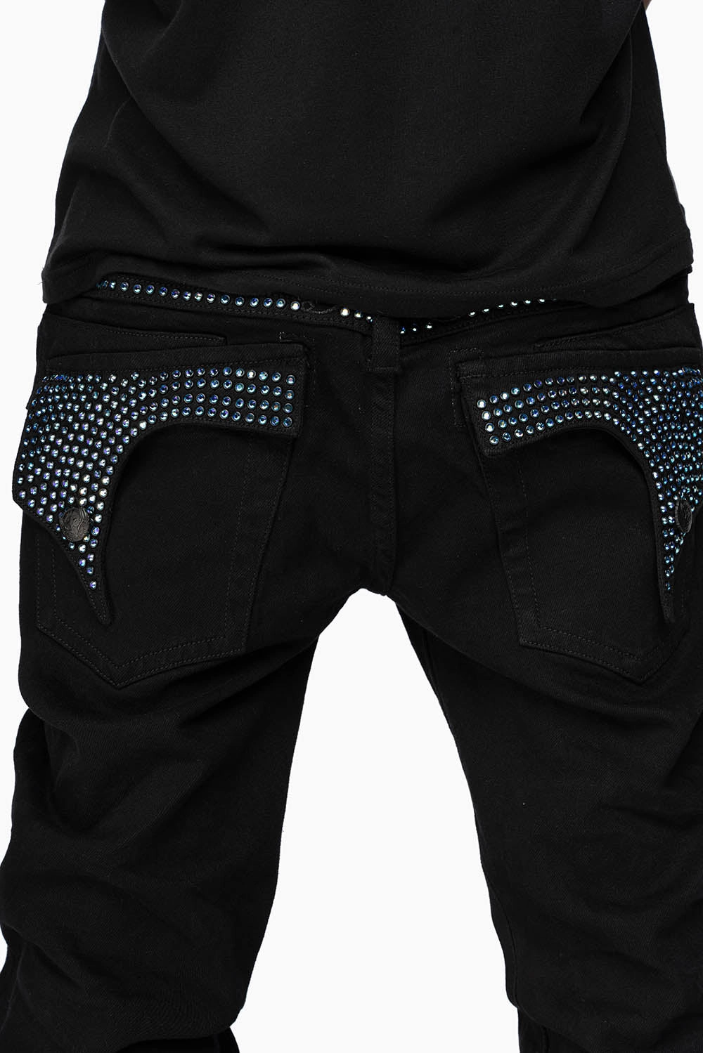Chill Friendly All Fit Use KILLER FLAP MENS STRAIGHT LEG JEAN IN BLACK FULLY EMBELLISHED WITH SAPPHIRE CRYSTALS